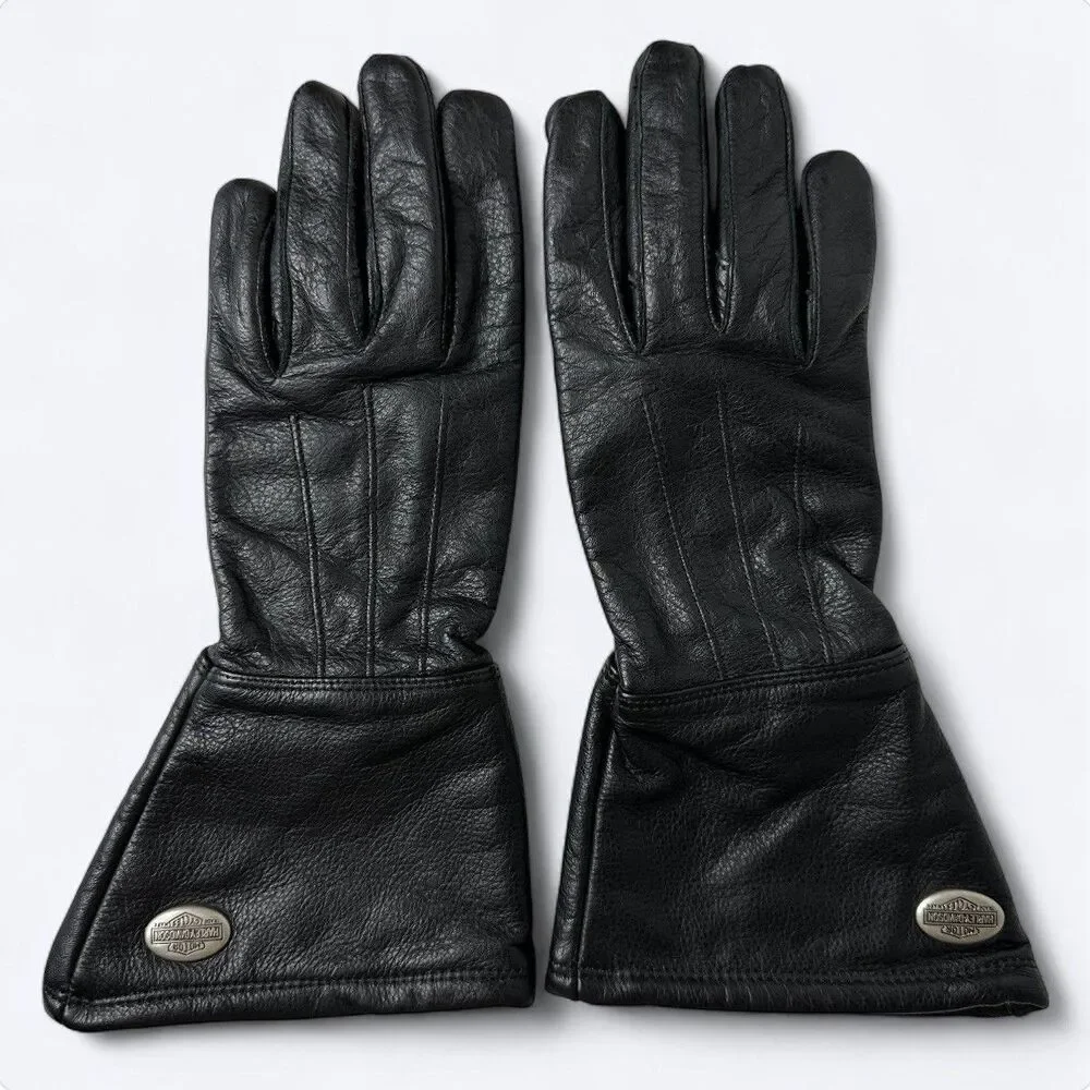 Harley Davidson Black Leather Gauntlet Gloves Womens XS Riding Motorcycle Padded